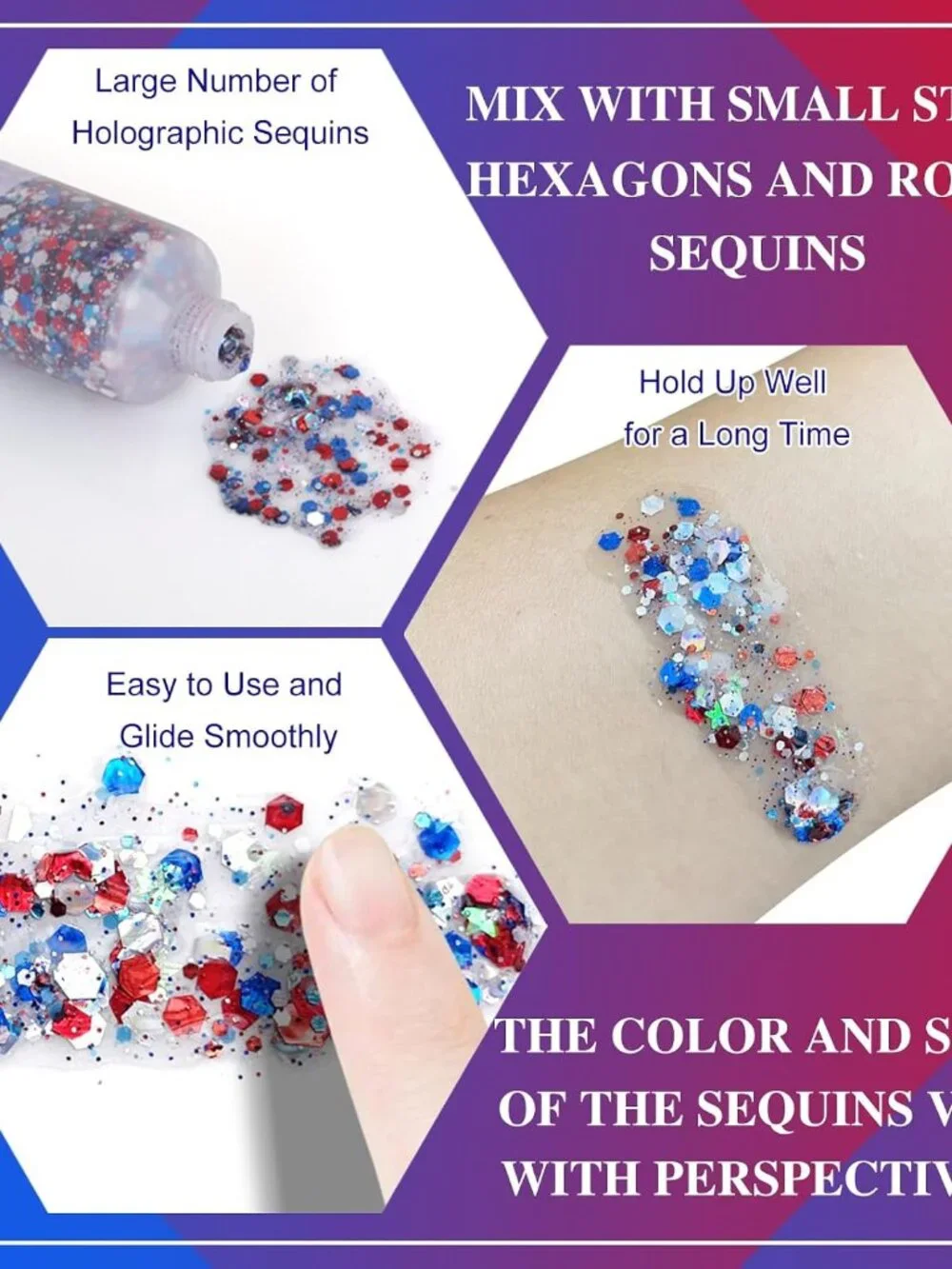 250th Red White and Blue Patriotic Face Glitter,Fourth of July Star Hair Glitter